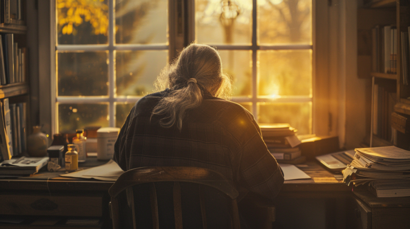 Rear view of an elderly man writing at a desk by a sunlit window, surrounded by books and notes, capturing a quiet moment of reflection, purpose, and life’s journey.